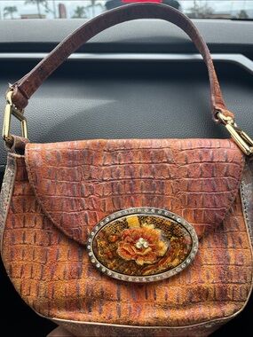 Croc-Texture Orange Shoulder Bag with Floral Medallion Accent